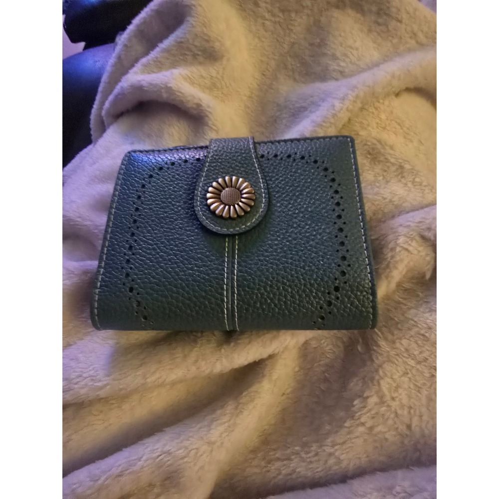 Boho Sunflower Bifold Wallet Teal Blue Faux Leather Laser Cut Zipper Pocket